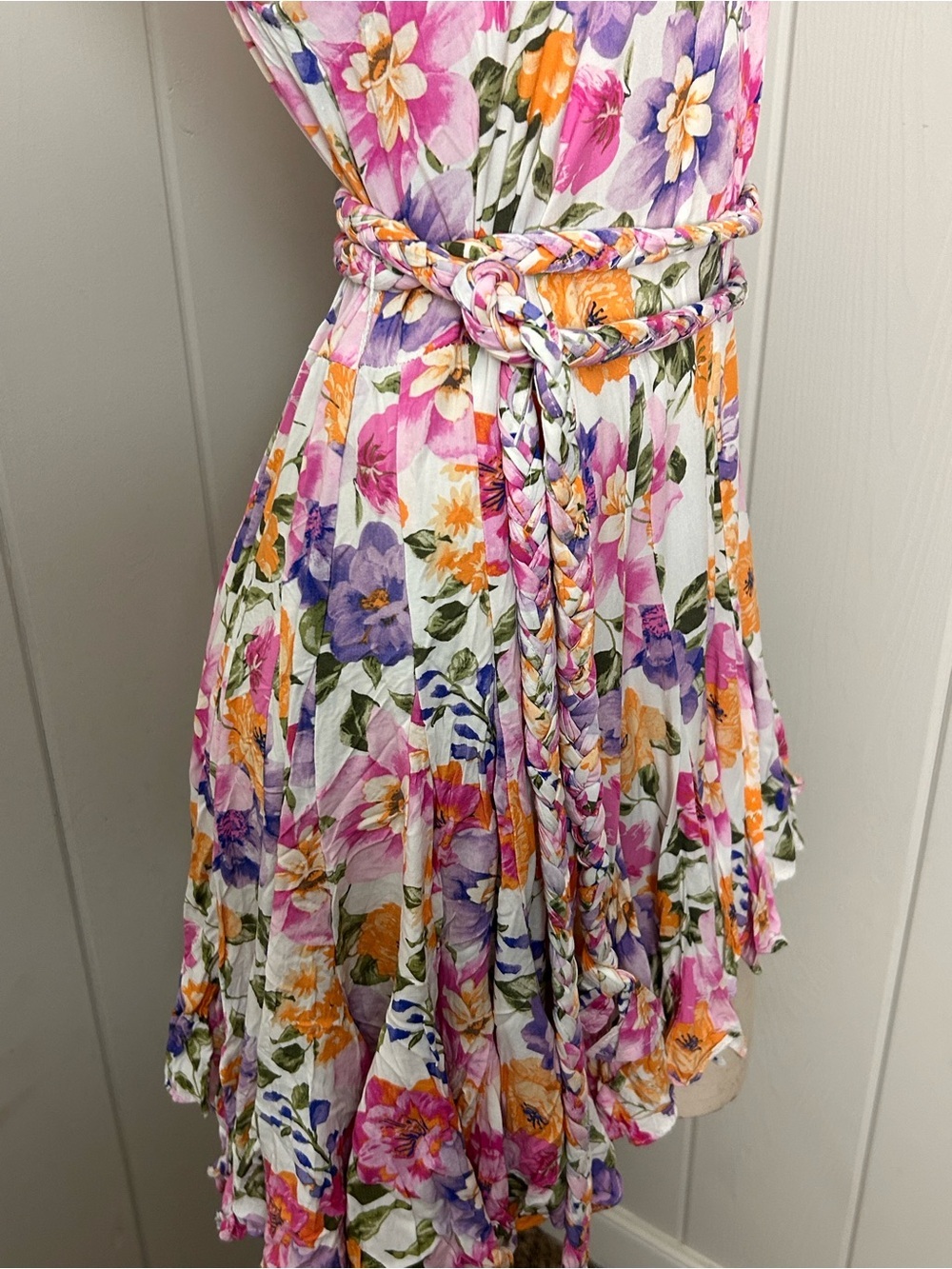 STORIA Floral Mini Dress Small Braided Belt Boho Cottagecore Sundress - Picture 4 of 12